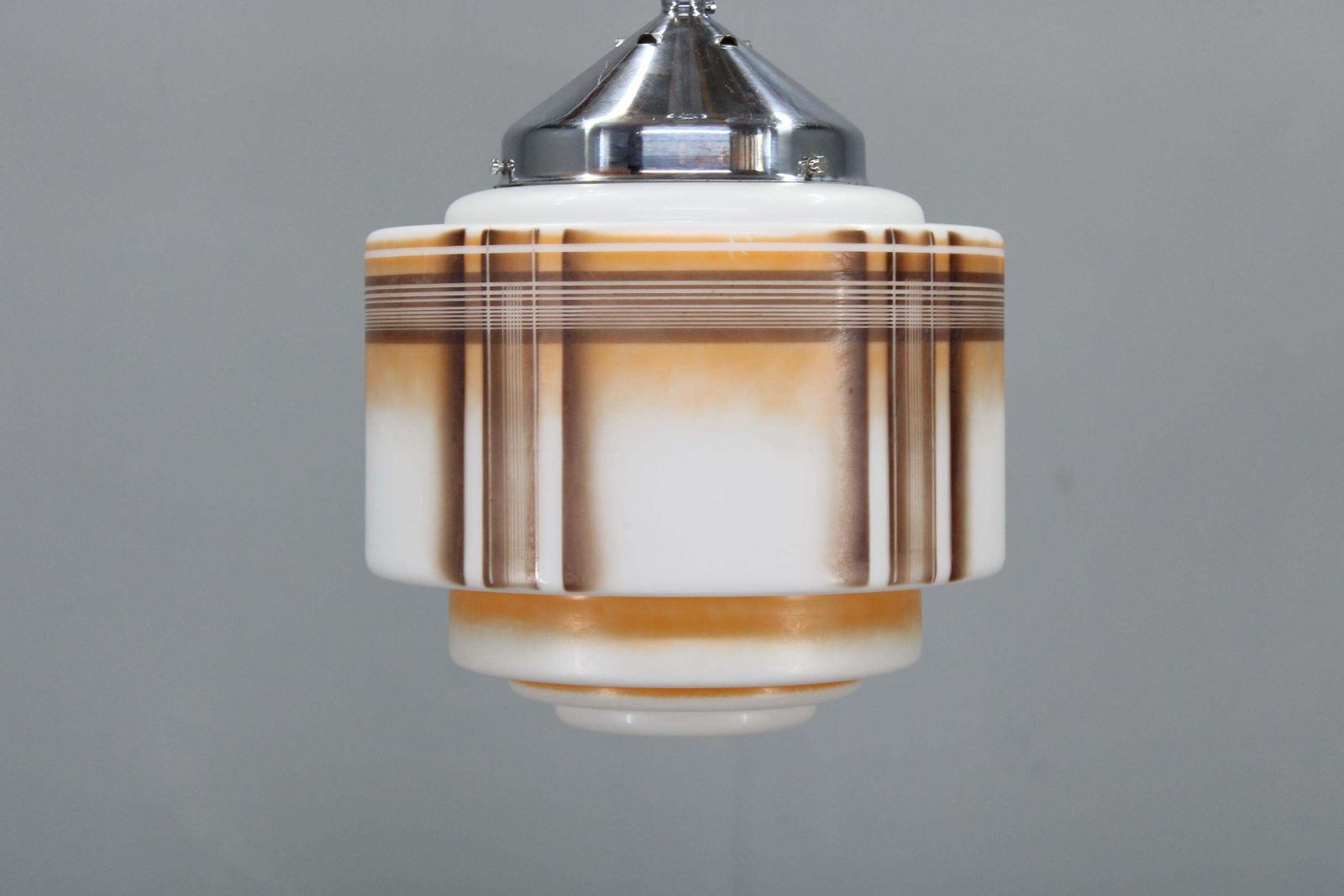 1930s Napako Art Deco Pendant Light In Chrome And Glass, Restored, New Wiring photo for sale