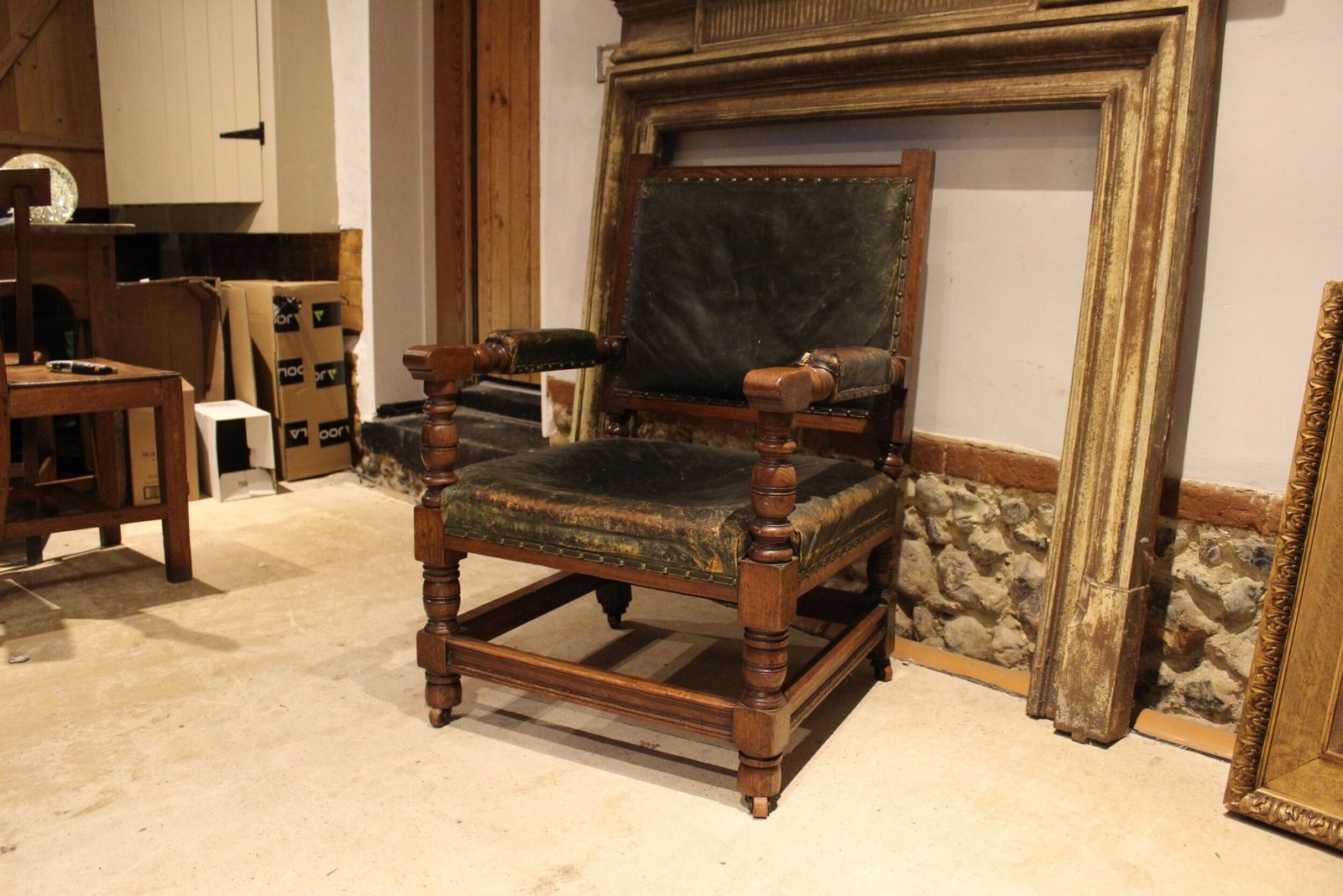 Chair Victorian Oak & Leather Library Club Armchair C1870 photo for sale