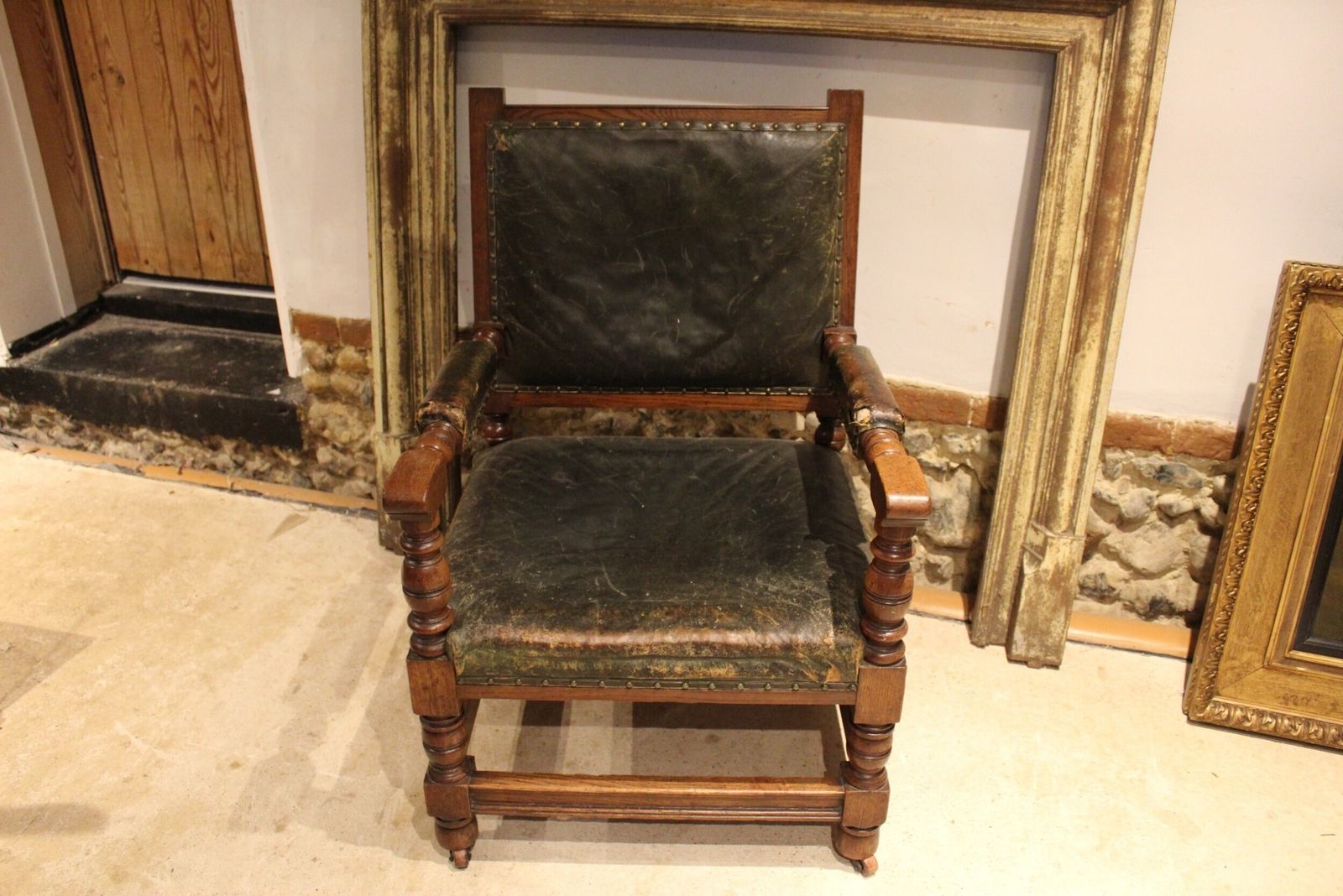 Chair Victorian Oak & Leather Library Club Armchair C1870 photo vintage