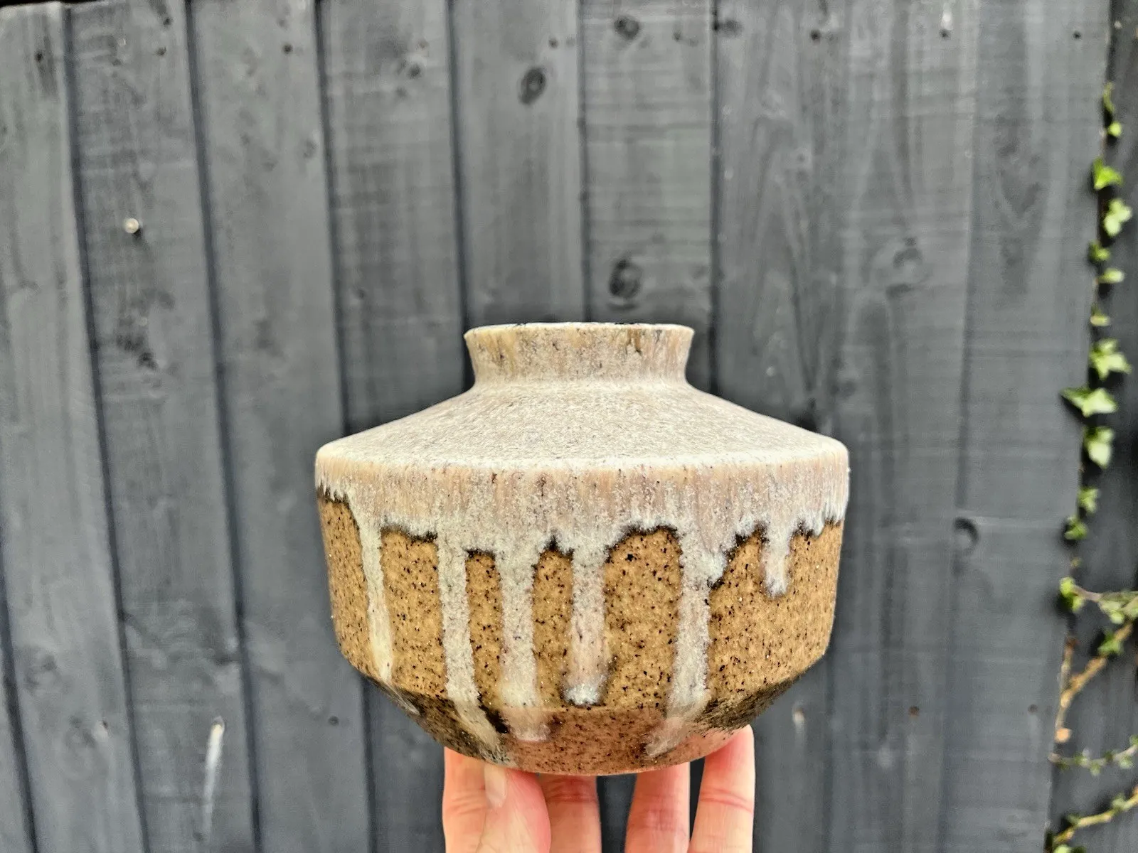 120.0 Mid Century French Accolay Studio Pottery France Dripglaze Squat Vase Vintage photo