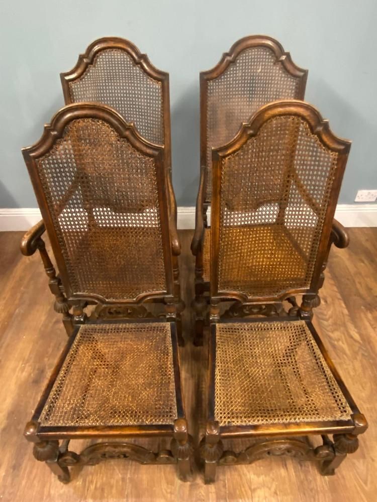 Set 4 Carved Chairs Cane Weaved Cromwellian Farmhouse 1890 photo furniture