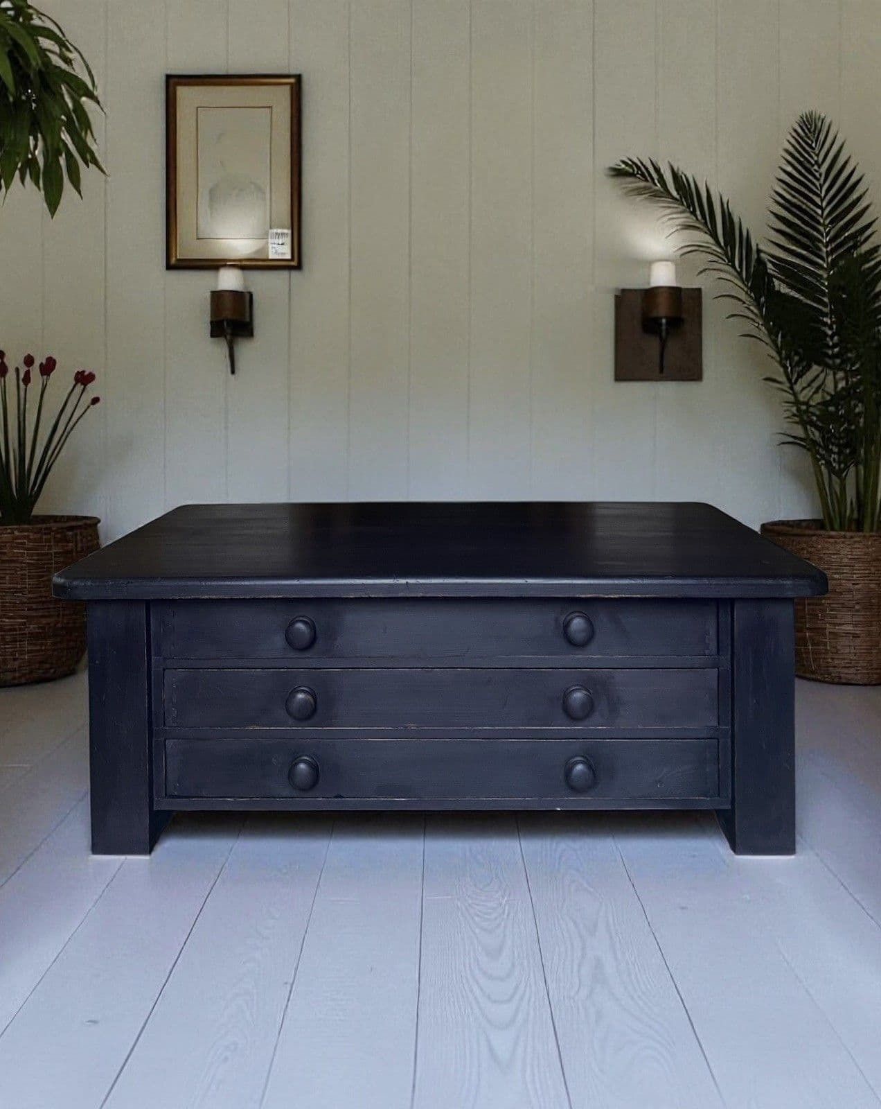 Large Black Painted Pine Late 20th Century Coffee Tv Table Plan Chest Style photo Furniture