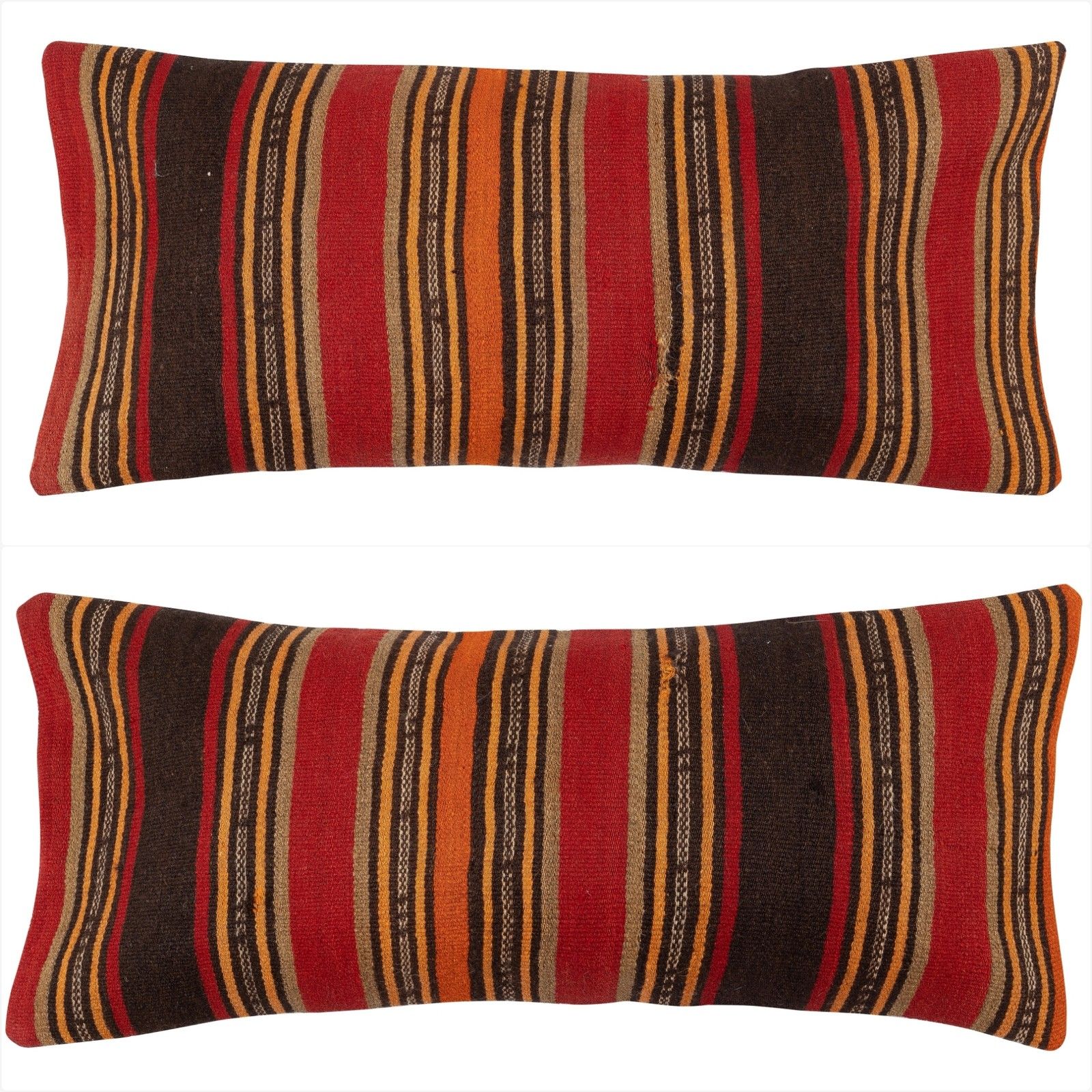 14"X28" Set Of 2 Hand Woven Kilim Cushion Covers. Vintage Lumbar Pillow Covers