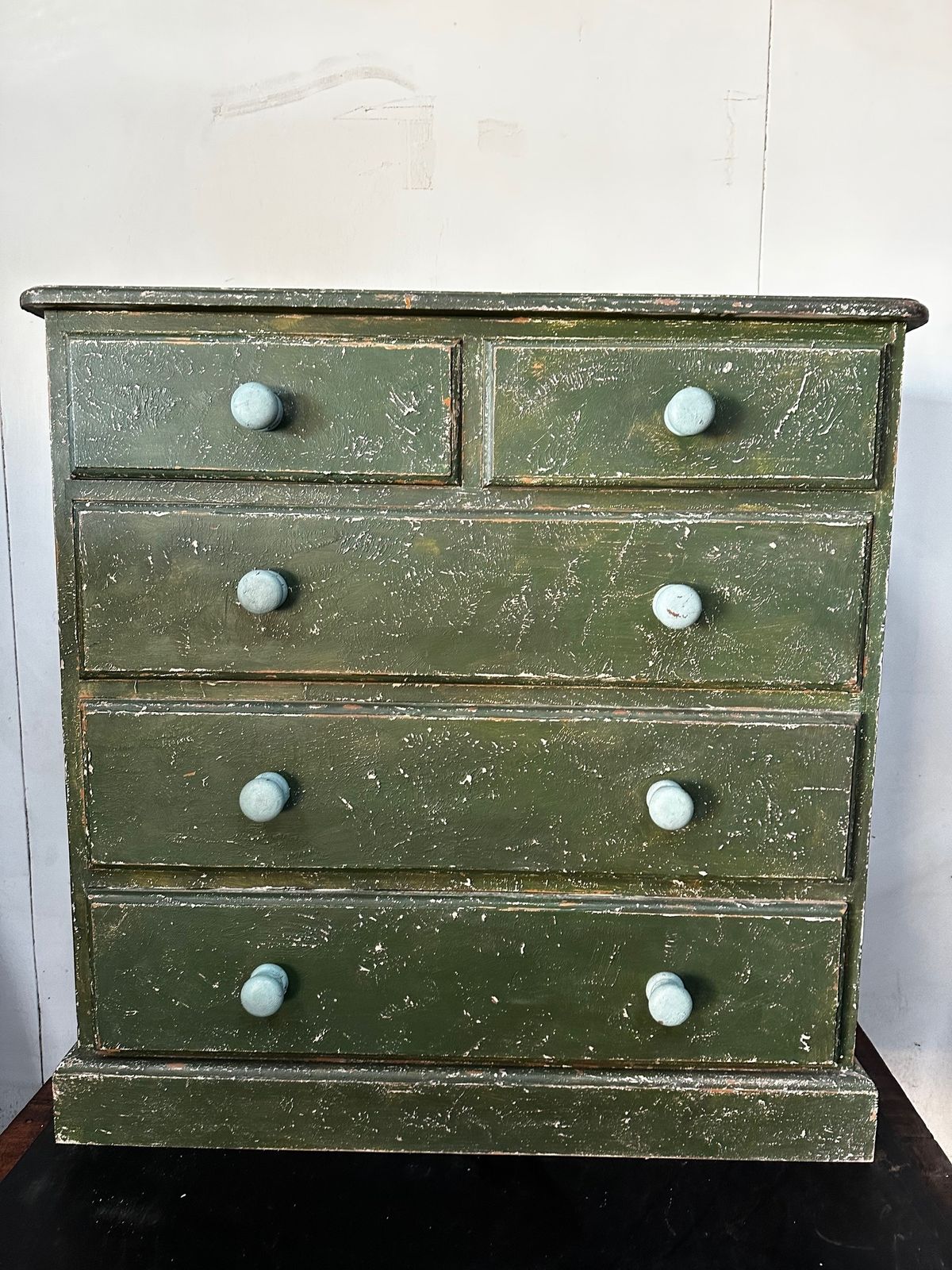 Solid Pine Retro Chest Of Drawers With Green Distressed Paint Finish