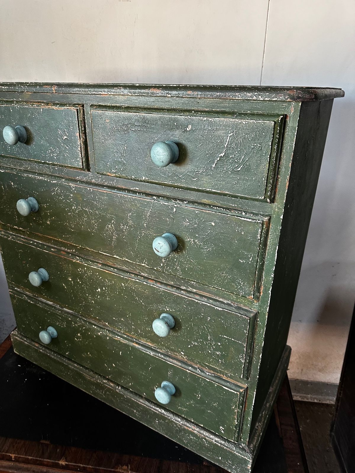 Solid Pine Retro Chest Of Drawers With Green Distressed Paint Finish photo vintage
