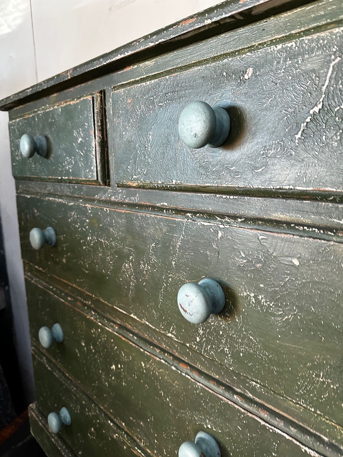 photo for sale Solid Pine Retro Chest Of Drawers With Green Distressed Paint Finish