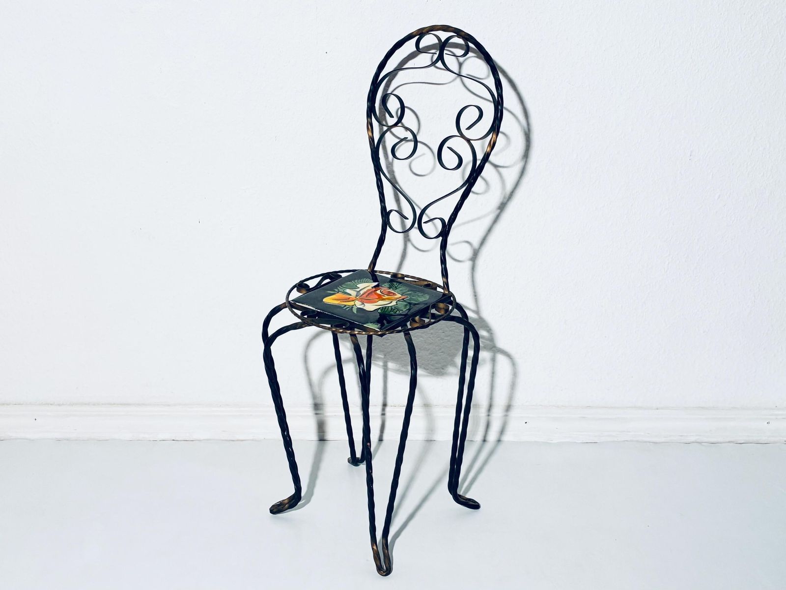 1950s Cast Iron Flower Stand Chair With Vallauris Ceramic Tile Flower Motif / Vintage French Design