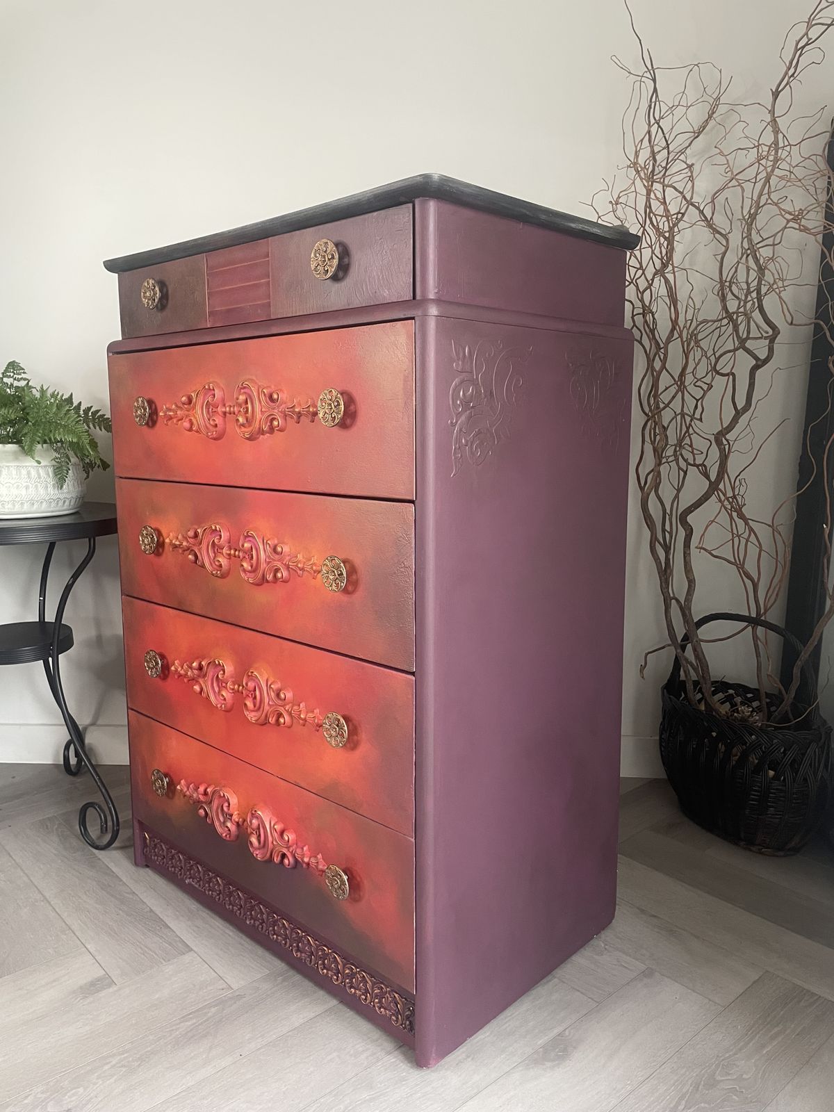Vintage Stag Chest Of Drawers Hand Painted Red photo vintage