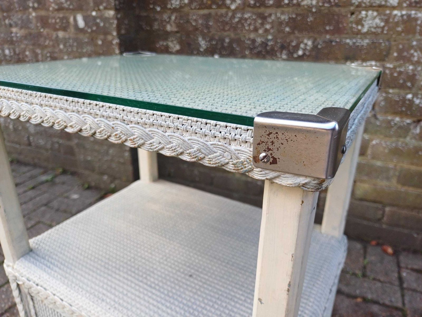 Vintage Retro White Loom Bedside Cabinet Glass Top & Shelf Chrome Retro Lloyd Loom Style Side Table, Painted Rattan Storage Cupboard 1950s photo vintage