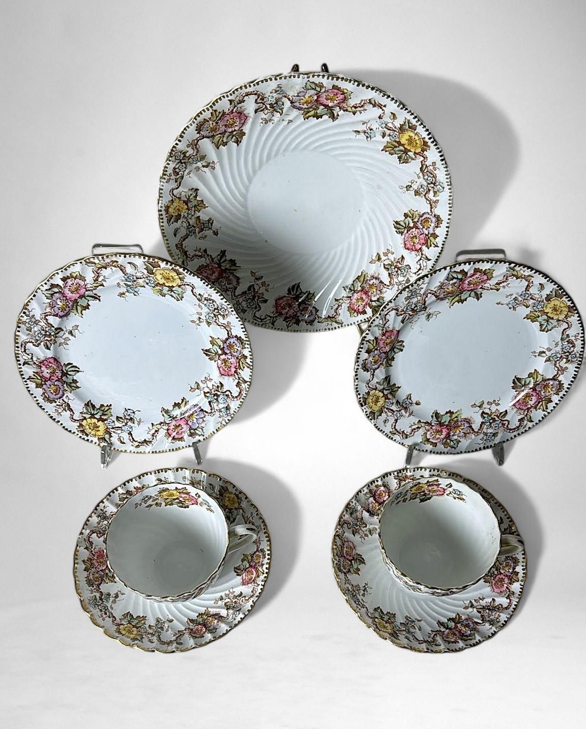 Staffordshire Pair Of Coffee/Tea Cups With Saucers And Dessert Tray photo for sale