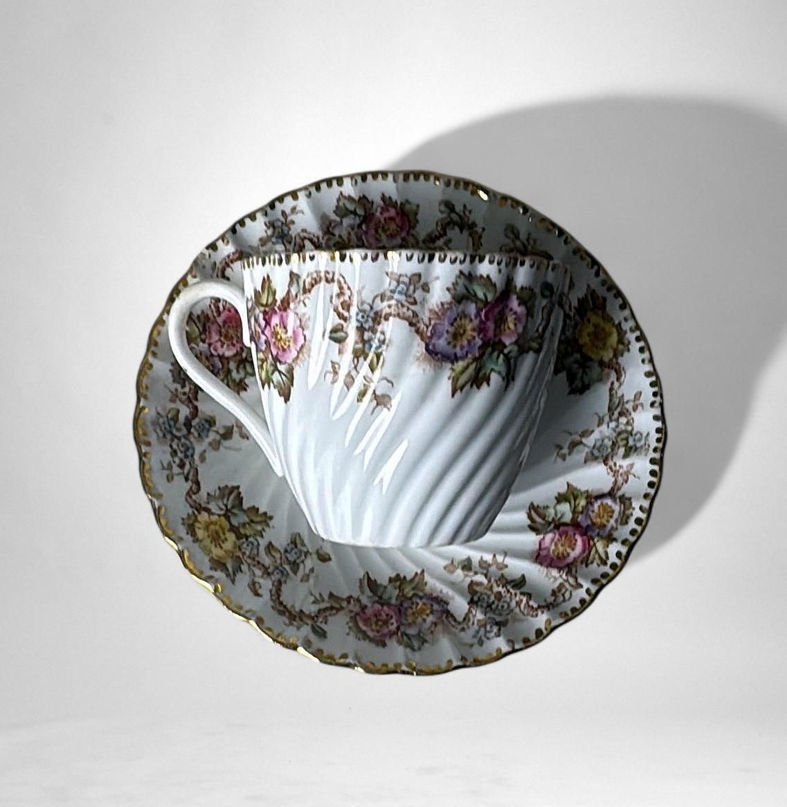 Staffordshire Pair Of Coffee/Tea Cups With Saucers And Dessert Tray photo buy