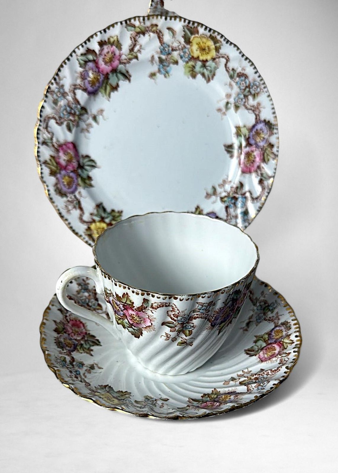 781.0 Staffordshire Pair Of Coffee/Tea Cups With Saucers And Dessert Tray photo
