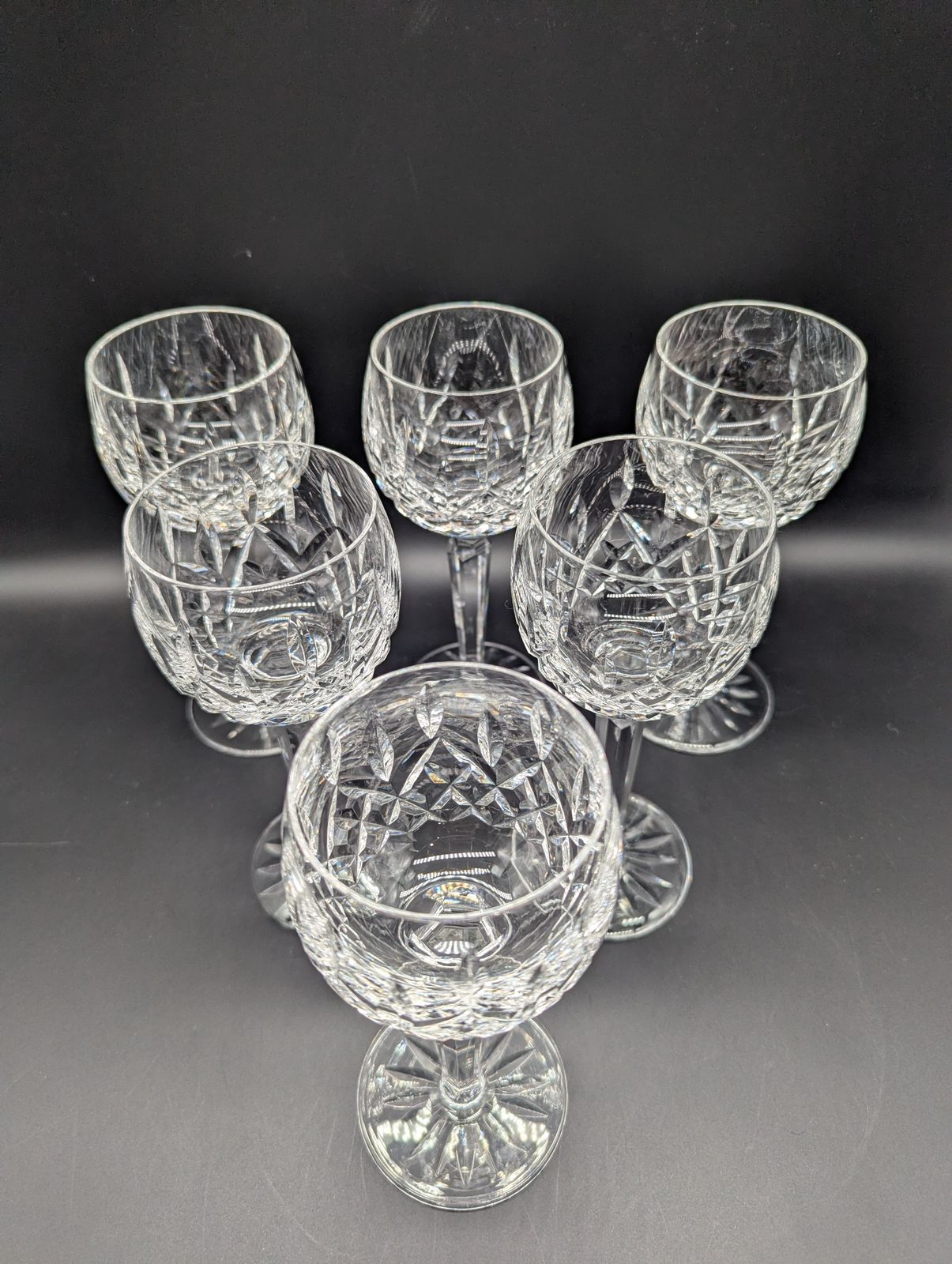 Set Of Six Waterford Crystal ‘Lismore’ Hock Wine Glasses — Signed — Perfect Condition