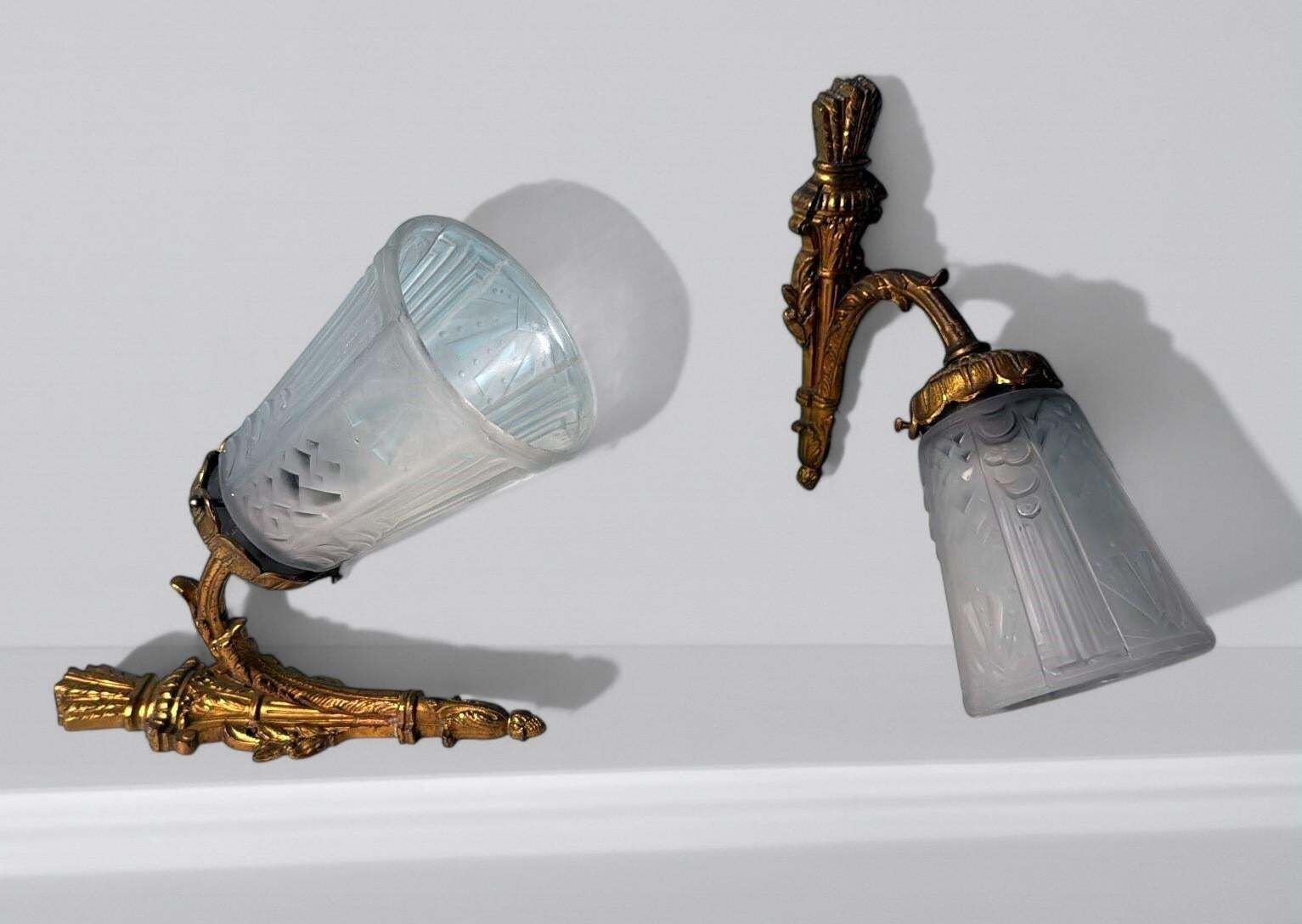 Art Nouveau Art Deco Pair Of Gilt Bronze And Cut Glass Wall Sconces photo Lighting