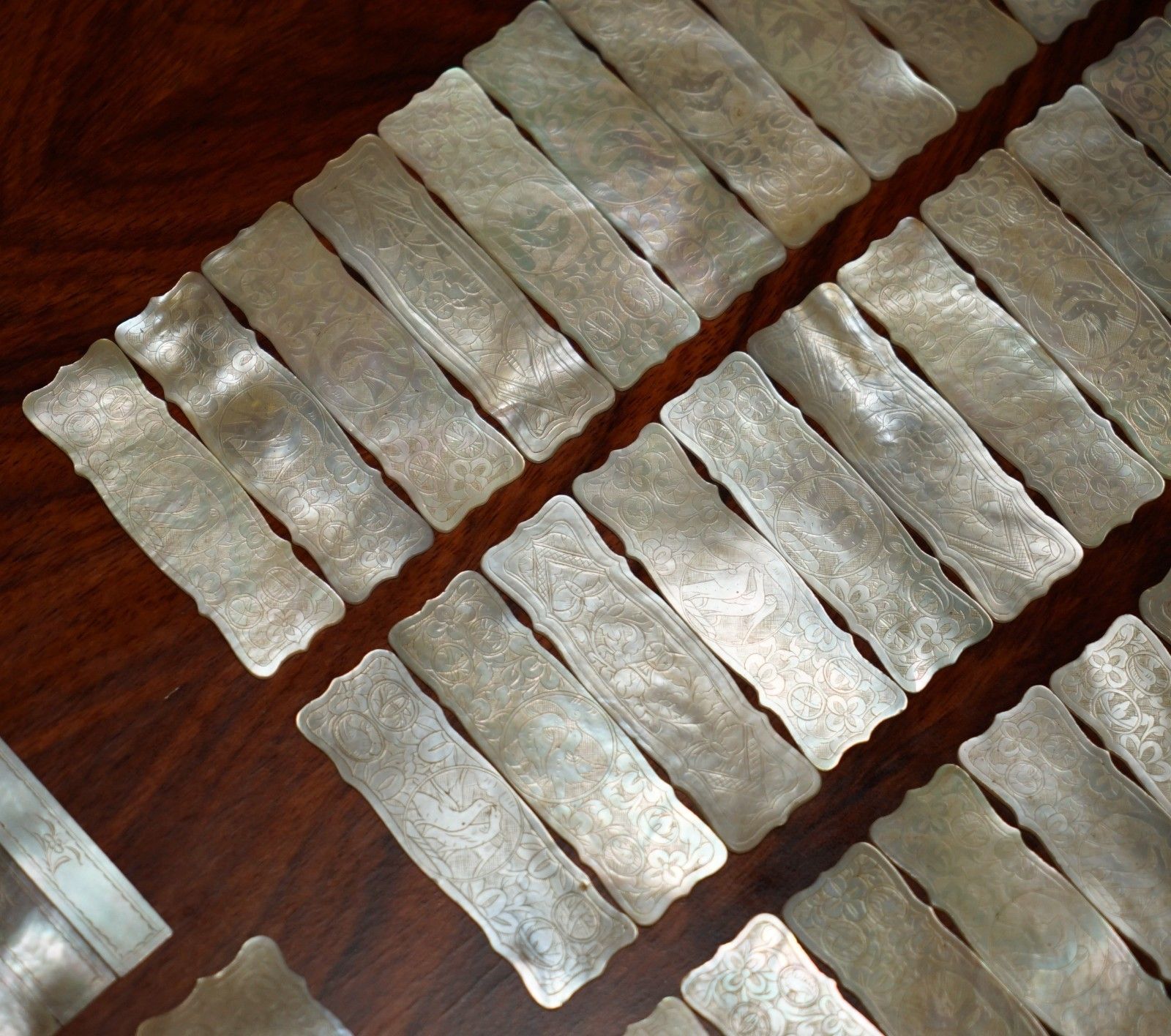 photo for sale Suite Of Rare Antique Chinese Mother Of Pearl Pair Of Doves Mah Jong Counters