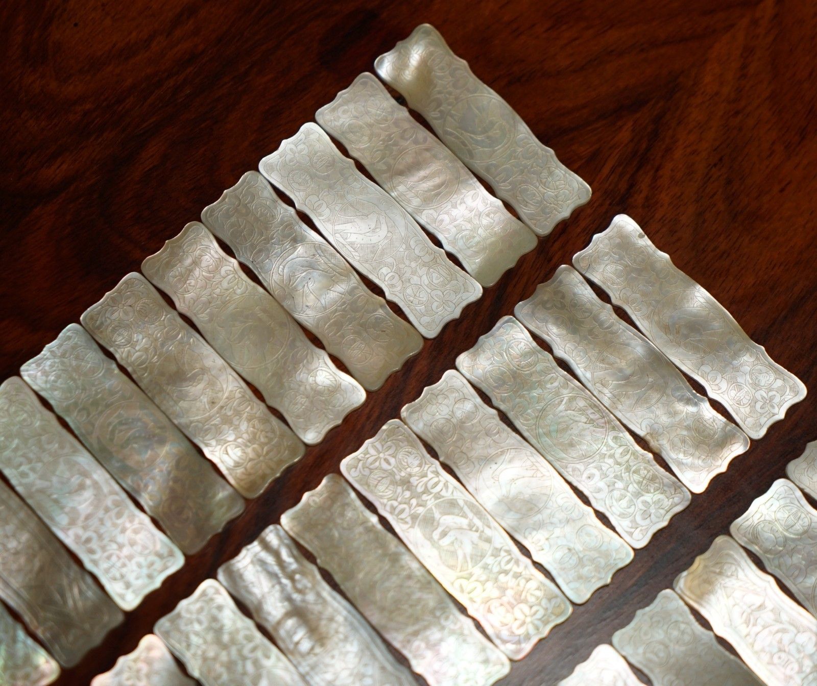 285.0 Suite Of Rare Antique Chinese Mother Of Pearl Pair Of Doves Mah Jong Counters photo