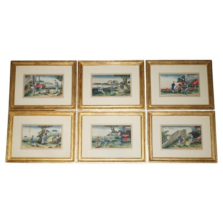 Six Antique Exquisite Chinese Chinoiserie Watercolor & Lacquered Paintings