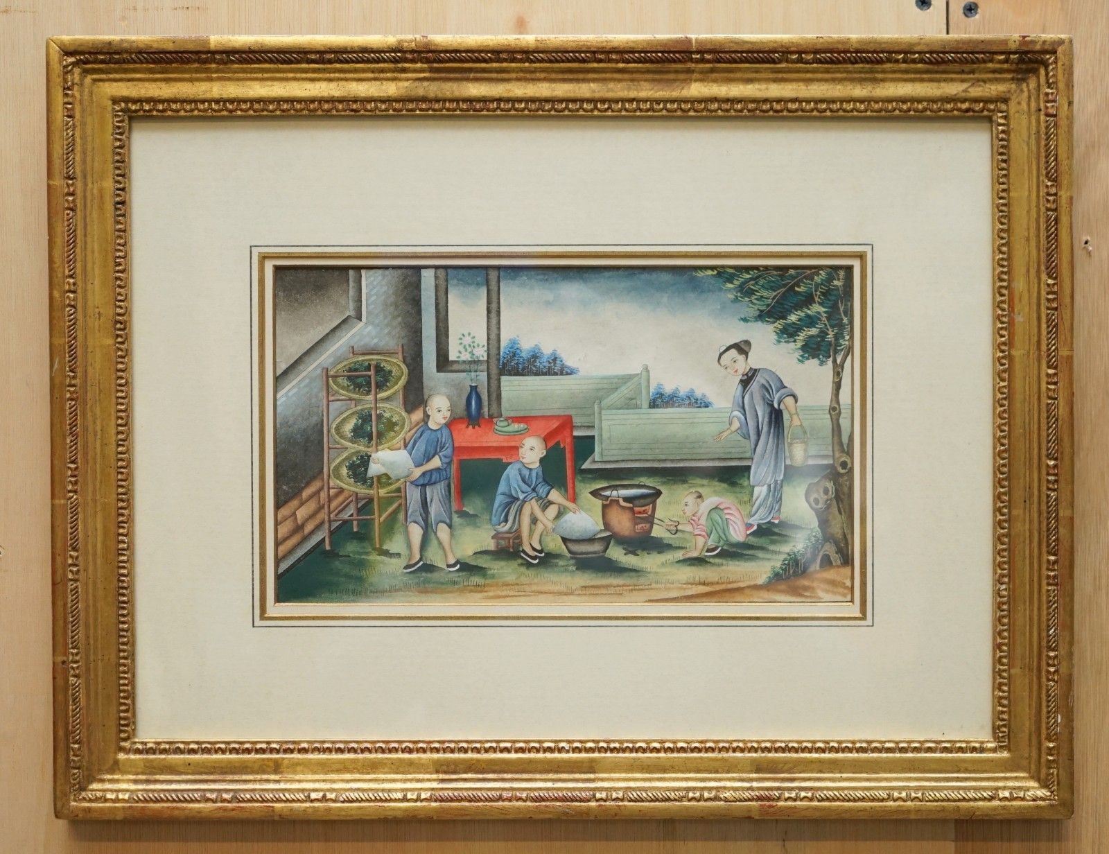 Six Antique Exquisite Chinese Chinoiserie Watercolor & Lacquered Paintings photo furniture