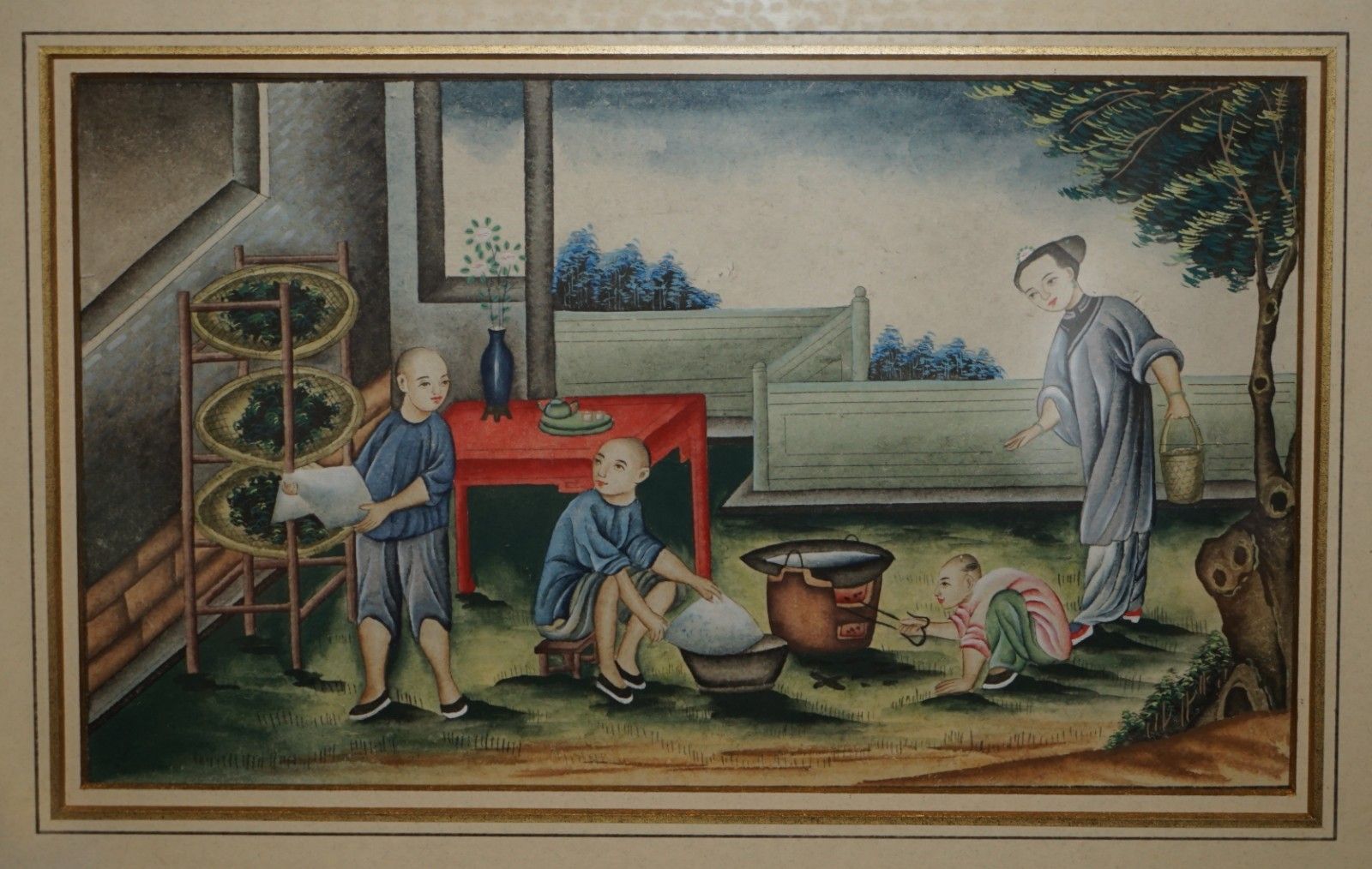 Six Antique Exquisite Chinese Chinoiserie Watercolor & Lacquered Paintings photo for sale