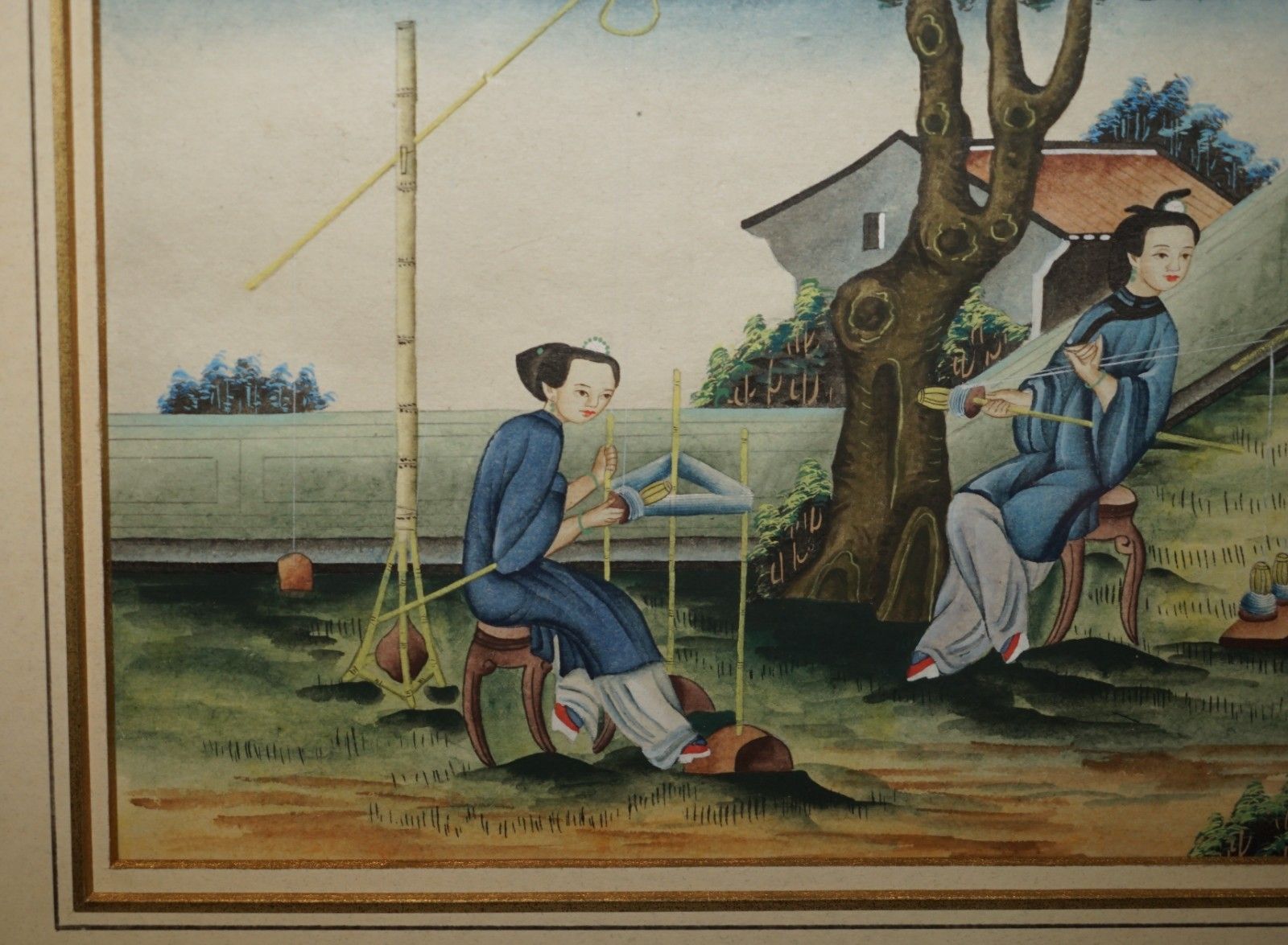 Six Antique Exquisite Chinese Chinoiserie Watercolor & Lacquered Paintings photo vinterior