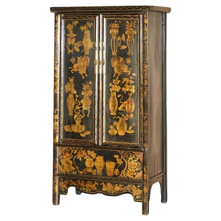 Chinese Export Chinoiserie Circa 1920 Painted Lacquered Wedding Cabinet Wardrobe