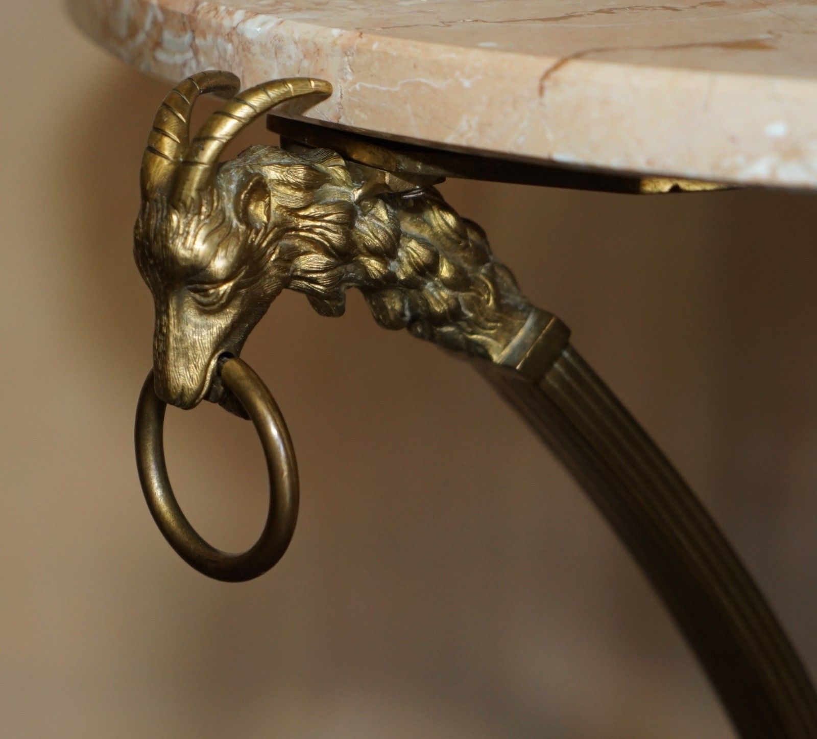 Pair Of Antique French Louis XVI Brass Rams Head Gueridon Marble Top Tables photo vinterior