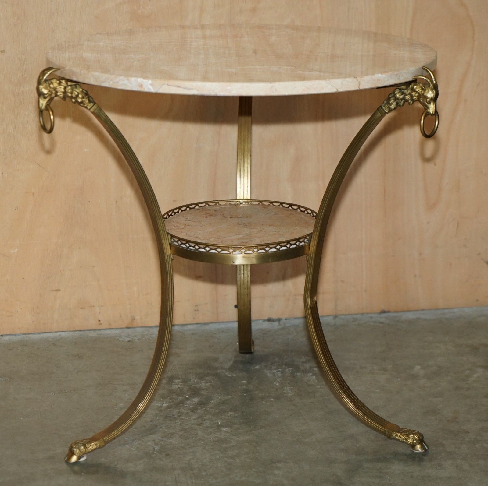 photo vinterior Pair Of Antique French Louis XVI Brass Rams Head Gueridon Marble Top Tables