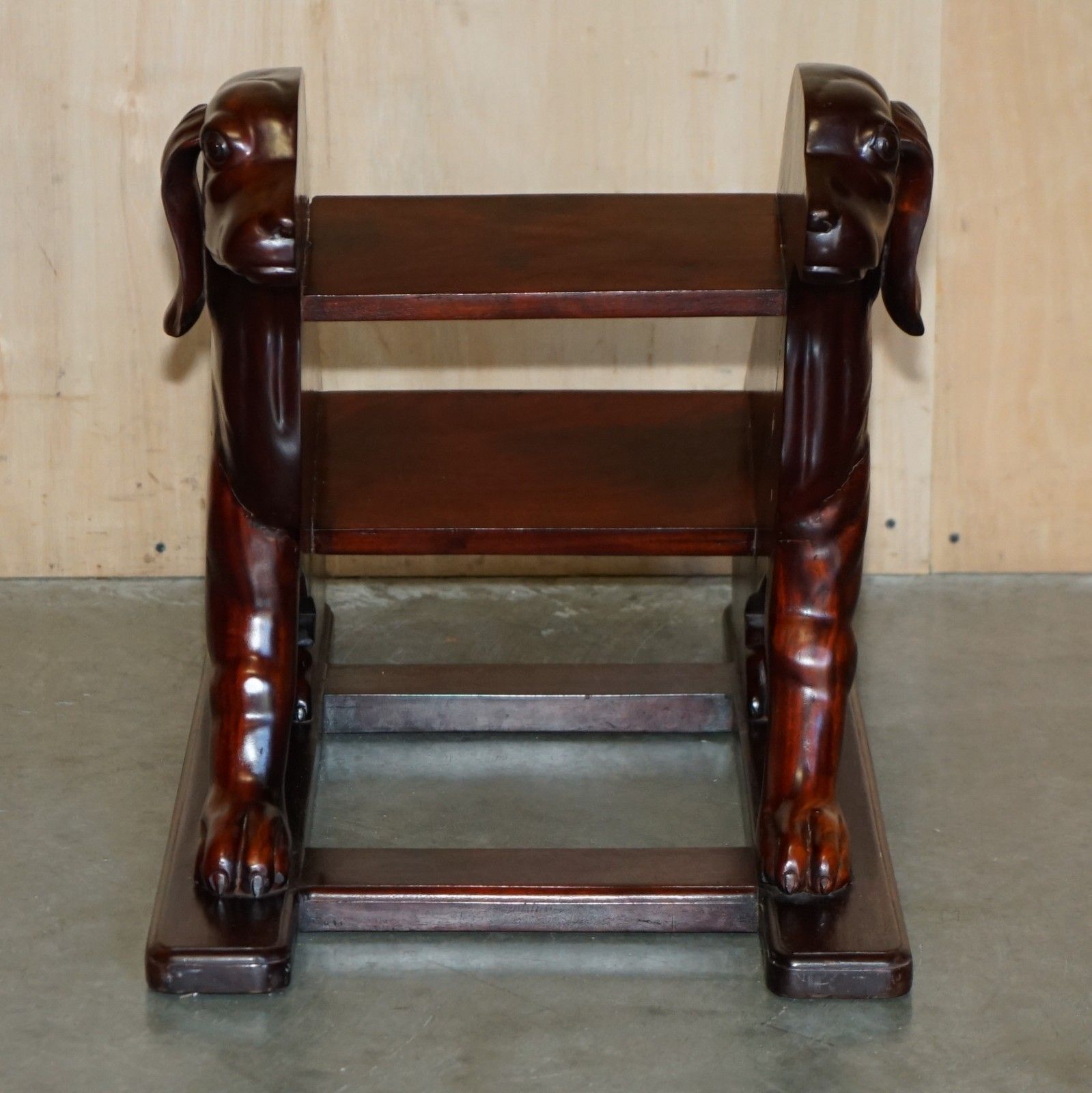 Pair Of Deep Mahogany Library Steps Depicting Ornately Carved Dogs To The Sides photo Furniture