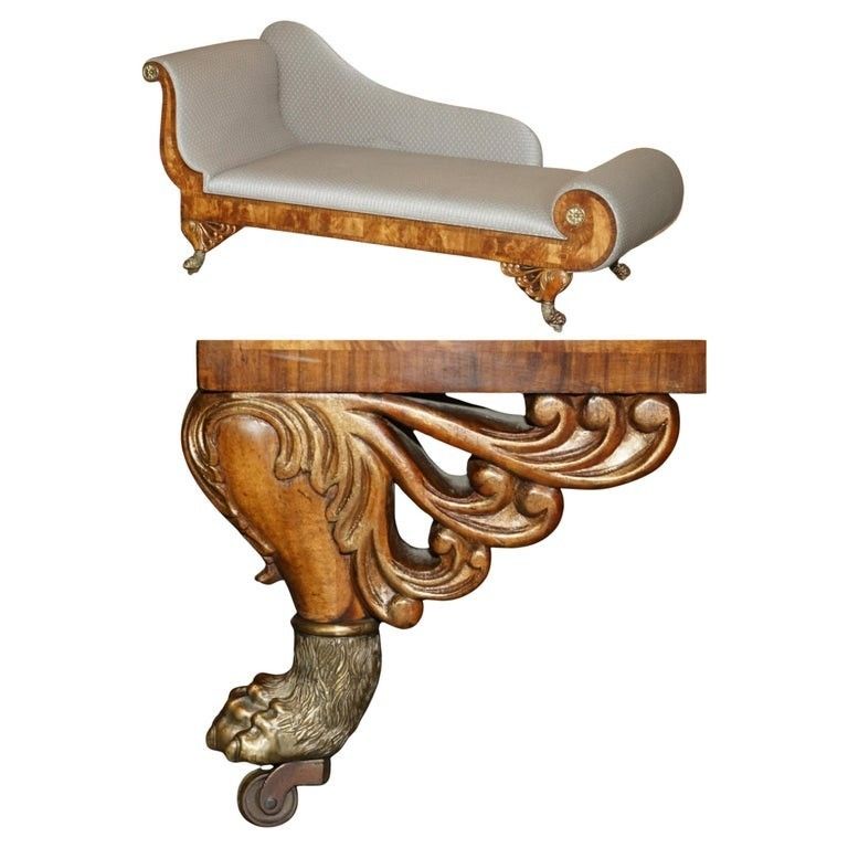 Hand Carved Flamed Mahogany Gold Gilt Brass Lions Paw Feet Regency Chaise Lounge