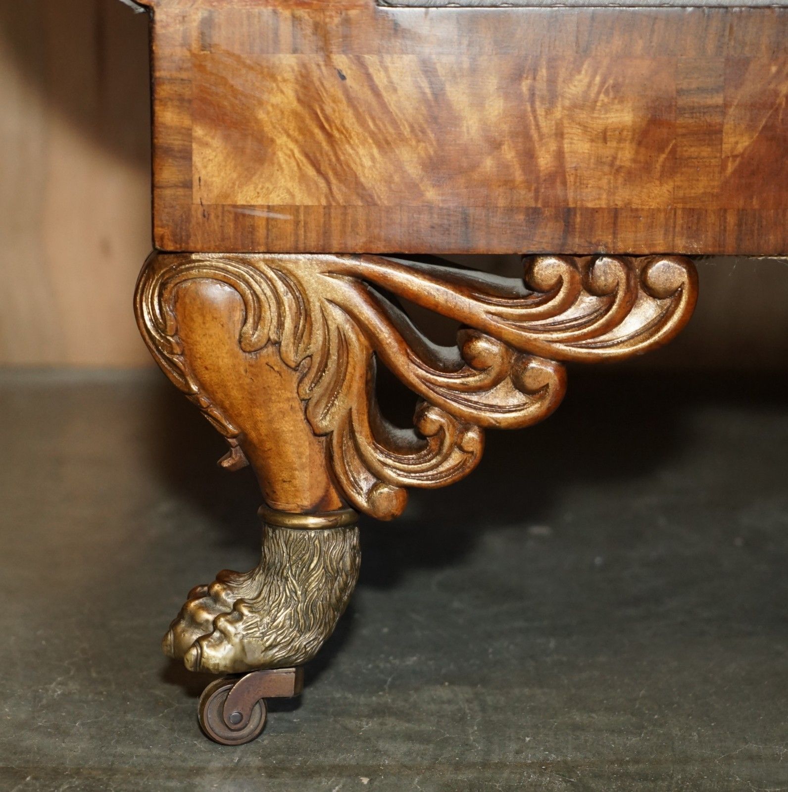 Hand Carved Flamed Mahogany Gold Gilt Brass Lions Paw Feet Regency Chaise Lounge photo buy