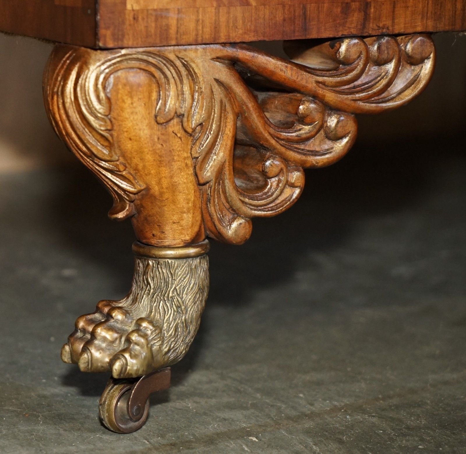 Hand Carved Flamed Mahogany Gold Gilt Brass Lions Paw Feet Regency Chaise Lounge photo vintage