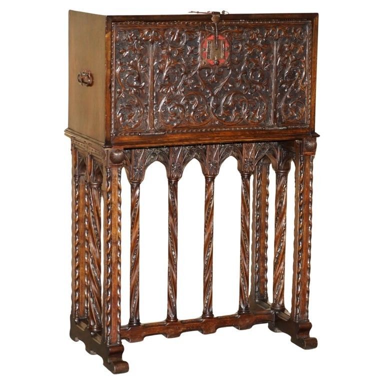 Lovely Ornately Carved 18th Century Spanish Cabinet On Stand With Hidden Storage