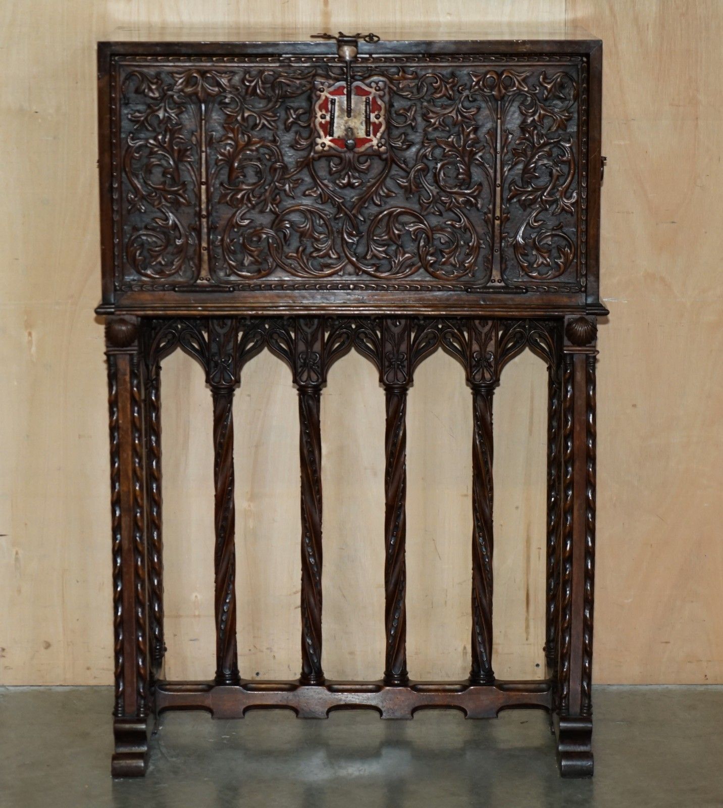 Lovely Ornately Carved 18th Century Spanish Cabinet On Stand With Hidden Storage photo furniture