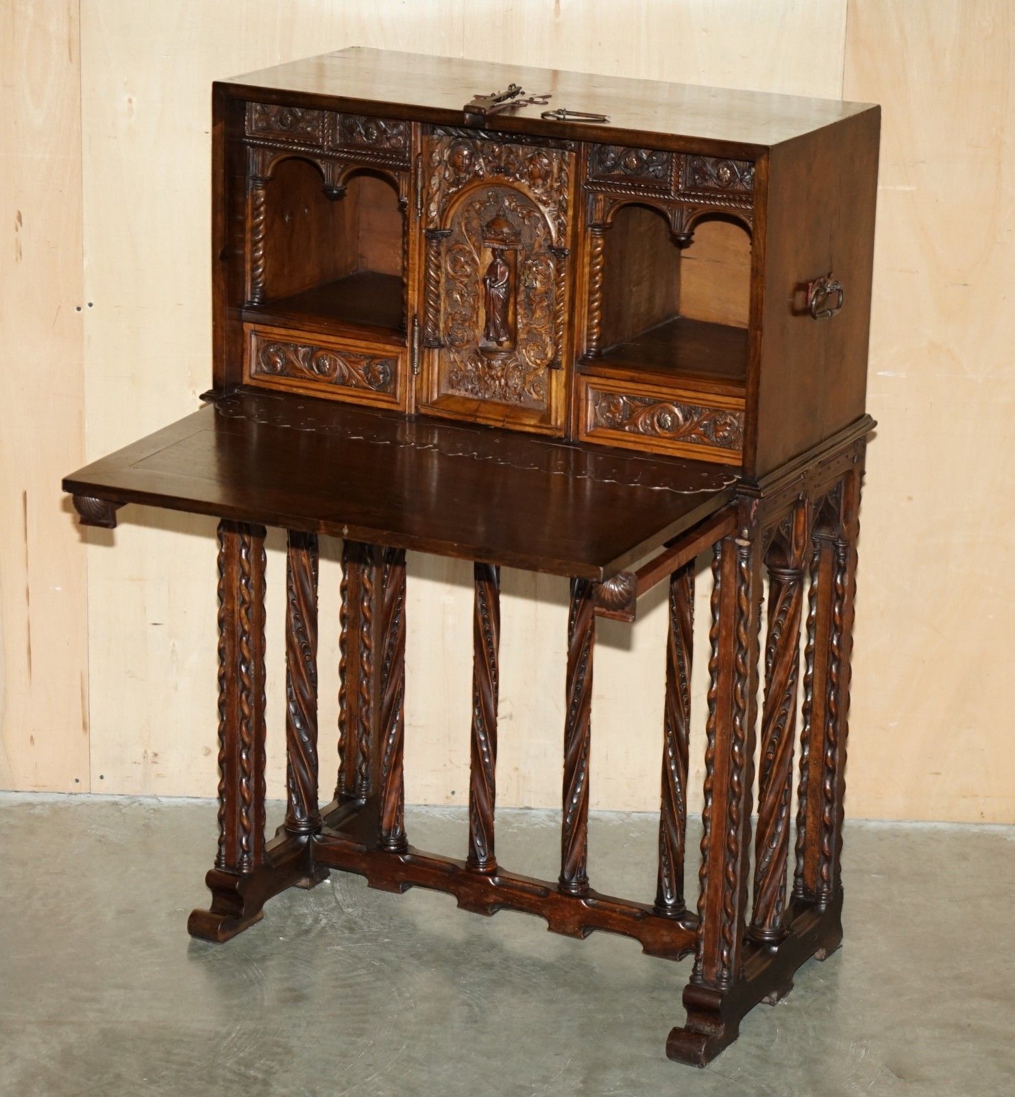 photo vinterior Lovely Ornately Carved 18th Century Spanish Cabinet On Stand With Hidden Storage