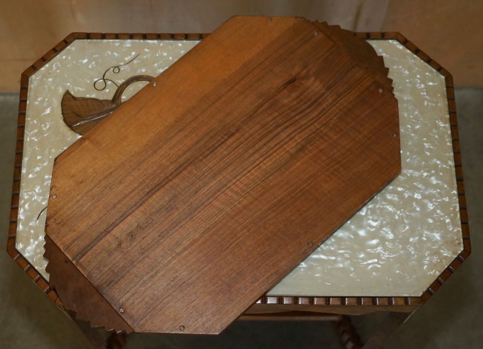 Art Deco Circa 1920's Mother Of Pearl Walnut Tray Table With Removable Tray photo vintage