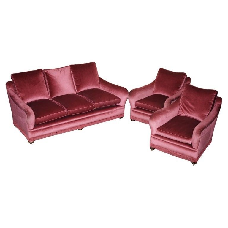 Exquisite Victorian Salmon Velour Upholstered Sofa & Pair Of Armchairs Suite