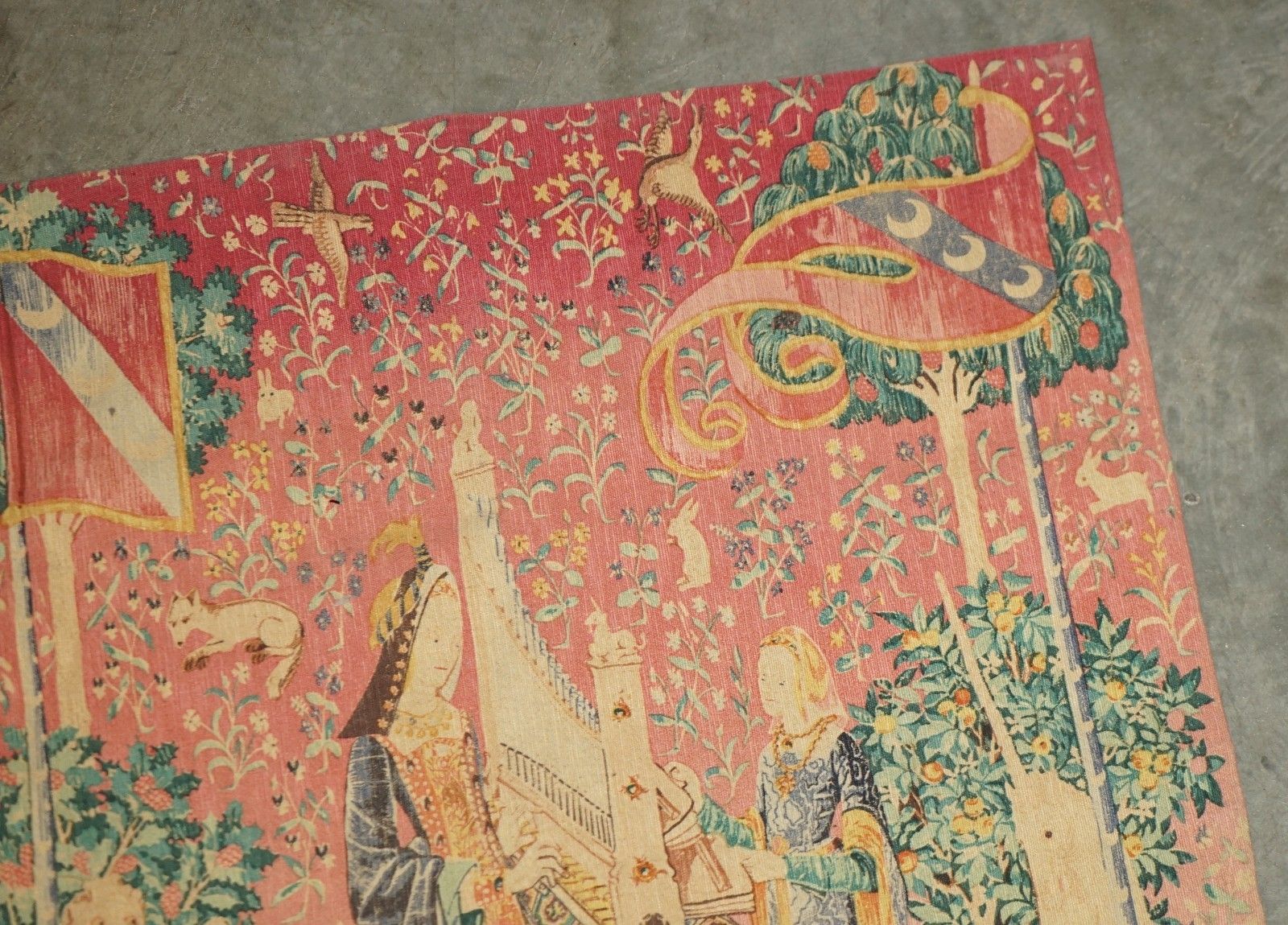 Mid Century Lady & The Unicorn Paris Made Tapestry With Old French Label Reverse photo vinterior