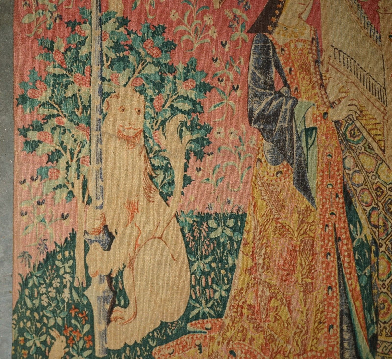 photo for sale Mid Century Lady & The Unicorn Paris Made Tapestry With Old French Label Reverse