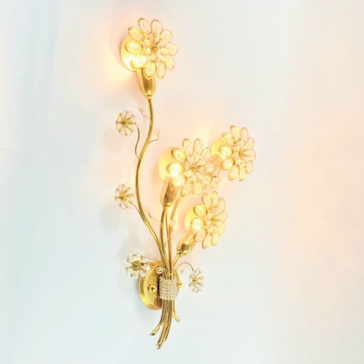 Grote Mid Century Wandlamp In Verguld Messing En Kristal, Bloemvorm, Palwa, Duitsland, Jaren 1970 photo Verlichting