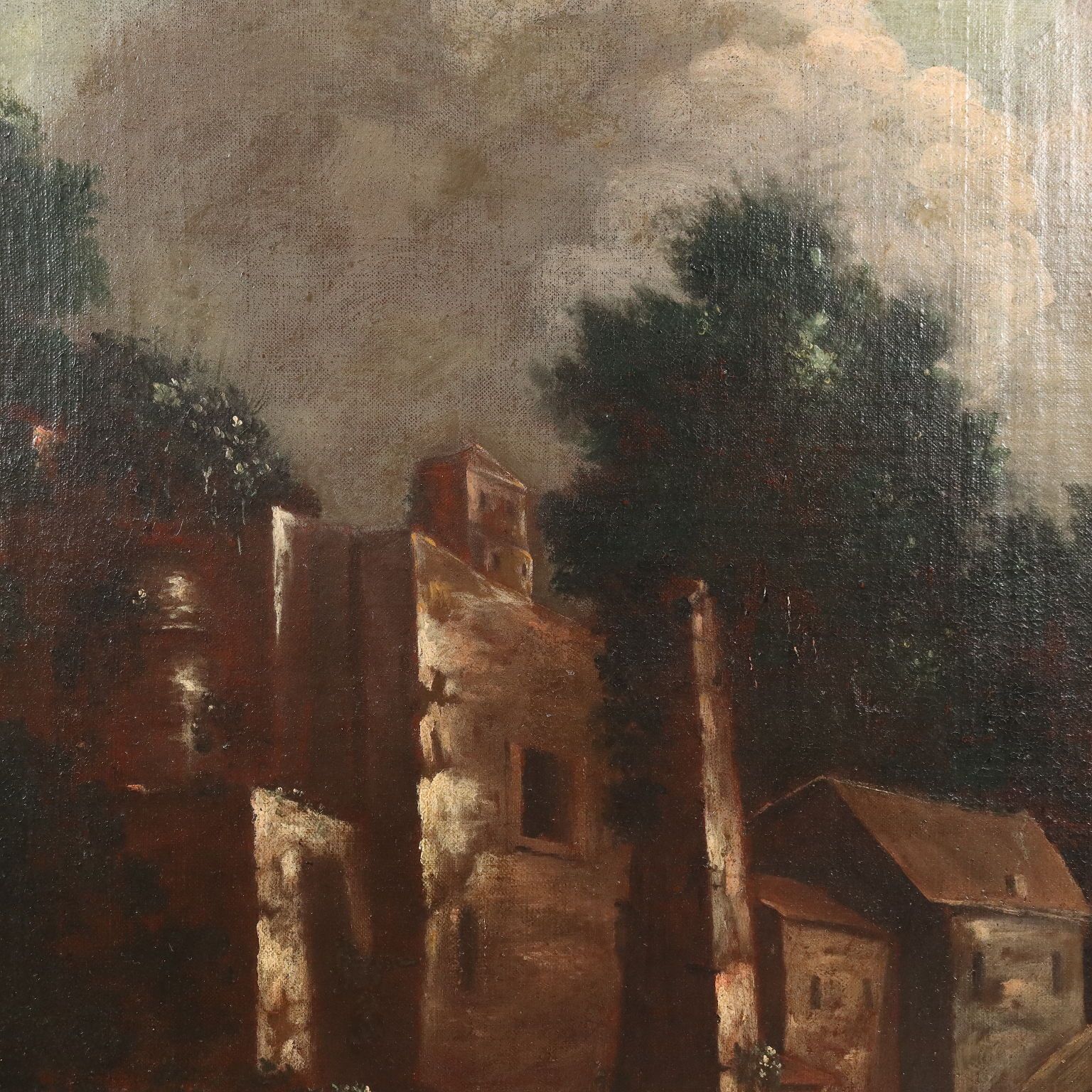 Antique Painting Landscape And Figures Oil On Canvas XVIII Century photo vintage