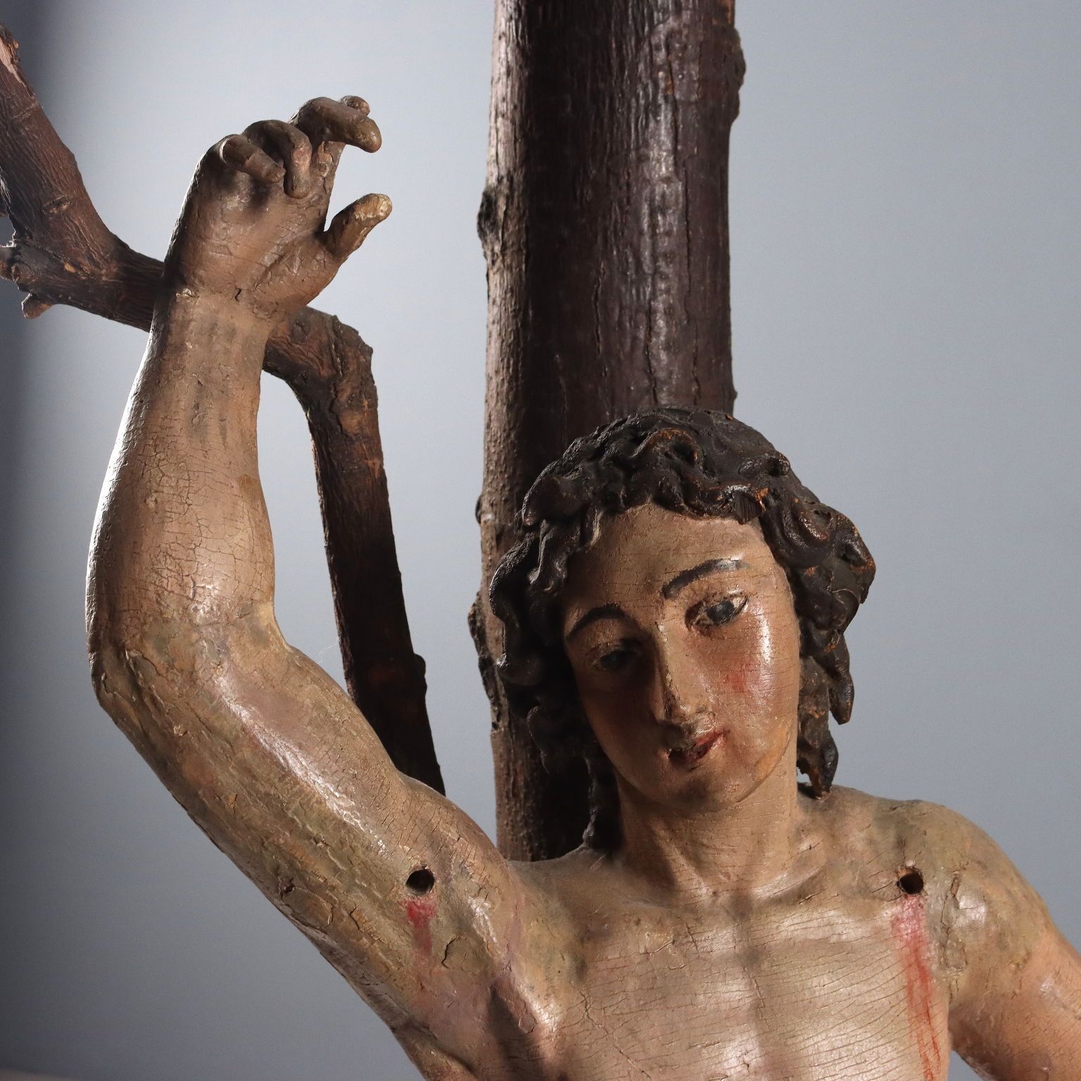 Antique Sculpture Saint Sebastian Carved Wood Italy XVII Century photo for sale
