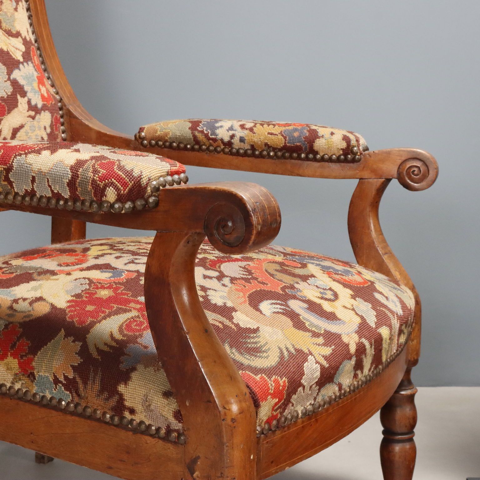 Antique Armchairs Walnut Maple Fabric Italy Late XIX Century photo vinterior