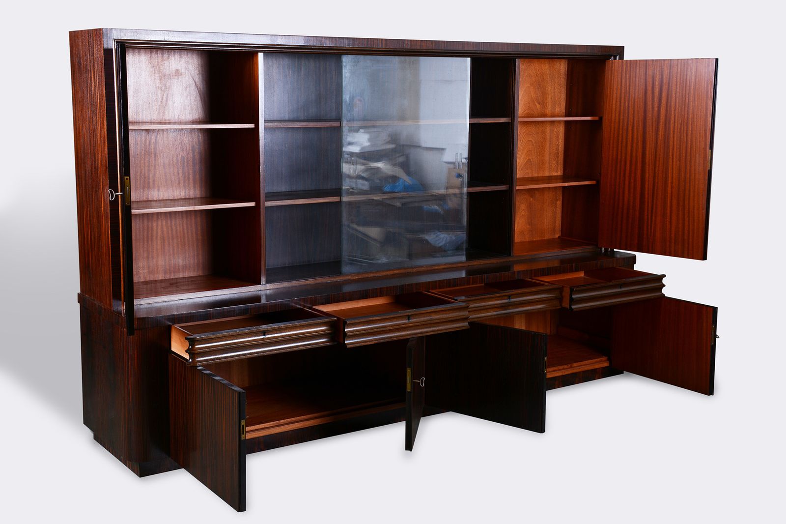 Restored Art Deco Bookcase, Oak, Macassar Ebony, Polished, France, 1920s photo buy
