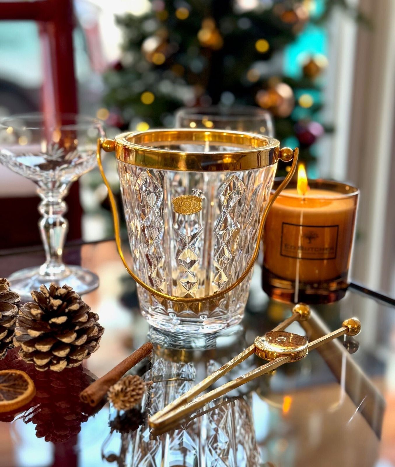 A 1960s Val Saint Lambert Crystal And Gold Plated Ice Bucket With Ice Grabbers photo furniture