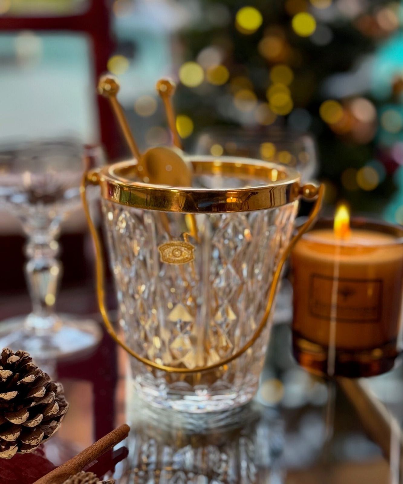 A 1960s Val Saint Lambert Crystal And Gold Plated Ice Bucket With Ice Grabbers photo Home Decor