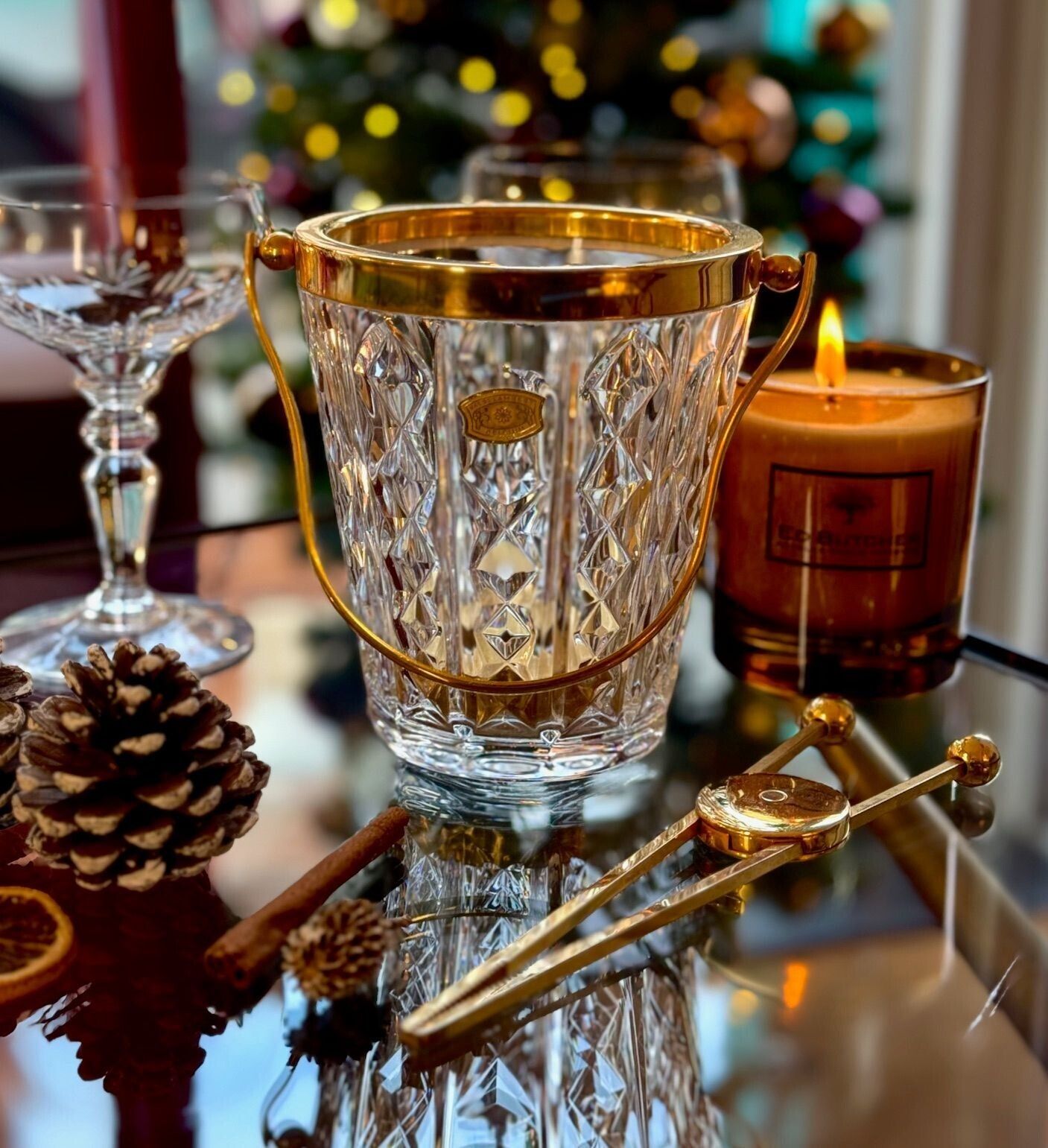 photo for sale A 1960s Val Saint Lambert Crystal And Gold Plated Ice Bucket With Ice Grabbers