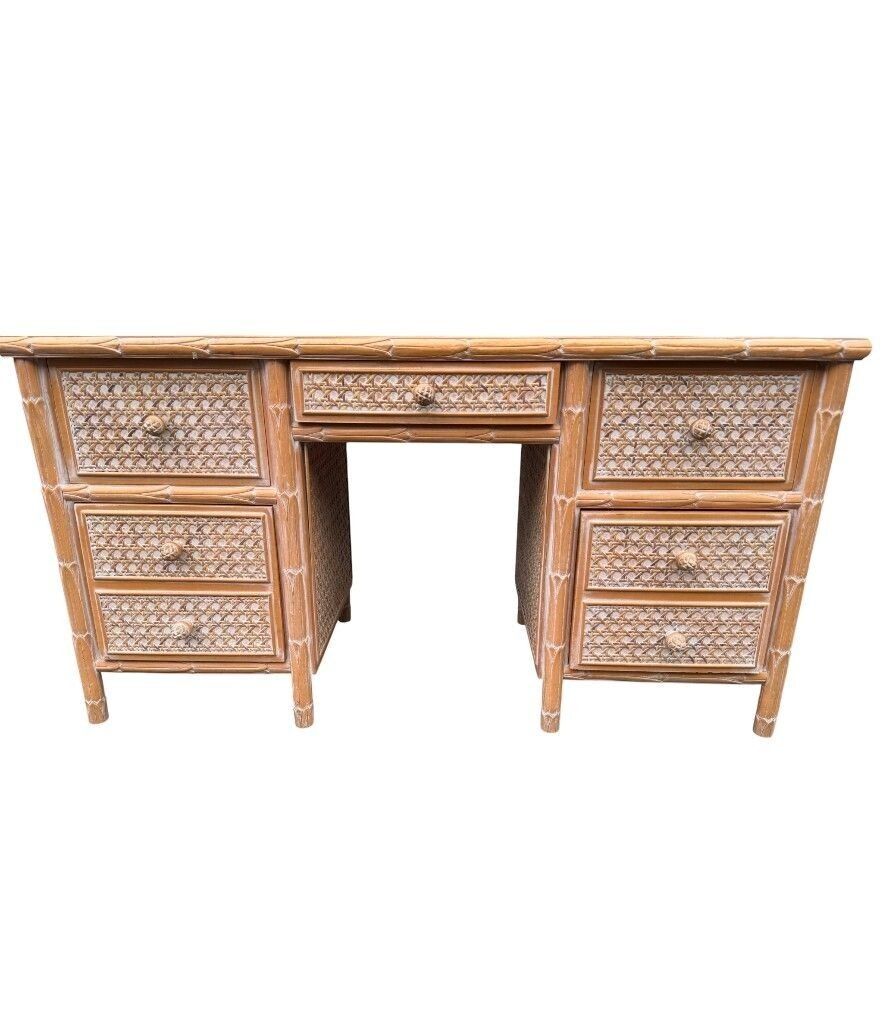 photo vintage A 1980s Colonial Style Carved Wood And Rattan Desk By Roche Bobois