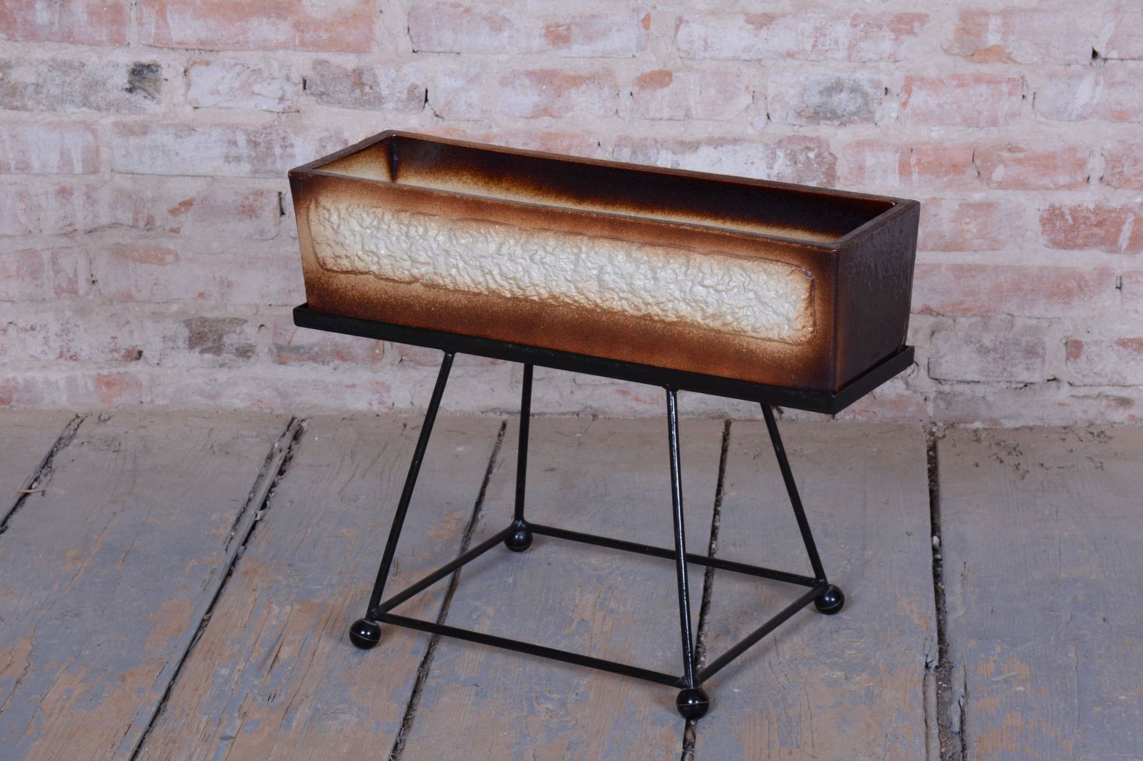 Original Mid Century Flower Pot With Stand, Ceramic, Steel, Czech, 1960s photo Home Decor