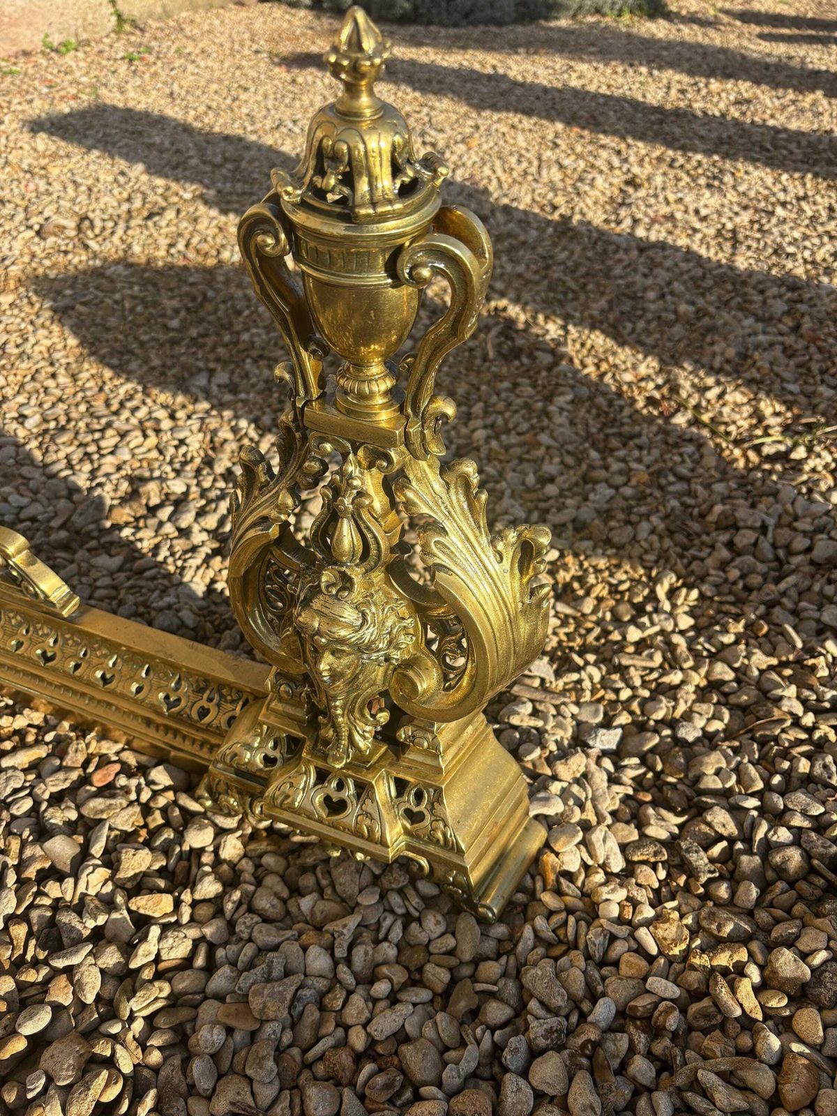 photo for sale A Pair Of Quality Brass 19th Classical French Chenets On Adjustable Fender