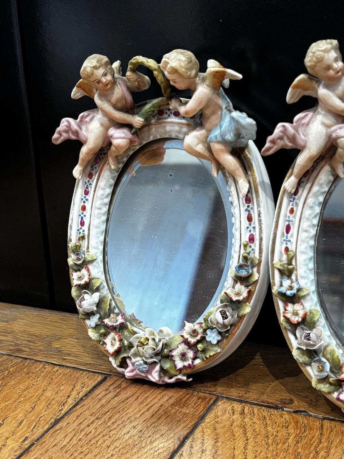 Pair Of Small Winged Cherub Porcelain Wall Mirrors, German, Possibly Meissen photo Home Decor